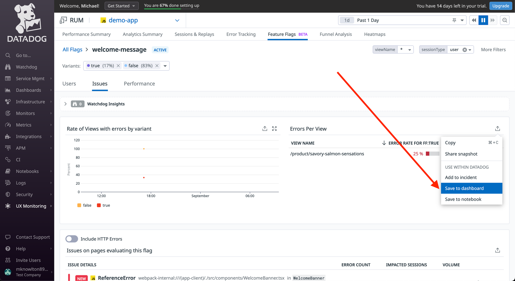 Screenshot adding feature flags errors per view to a DataDog dashboard