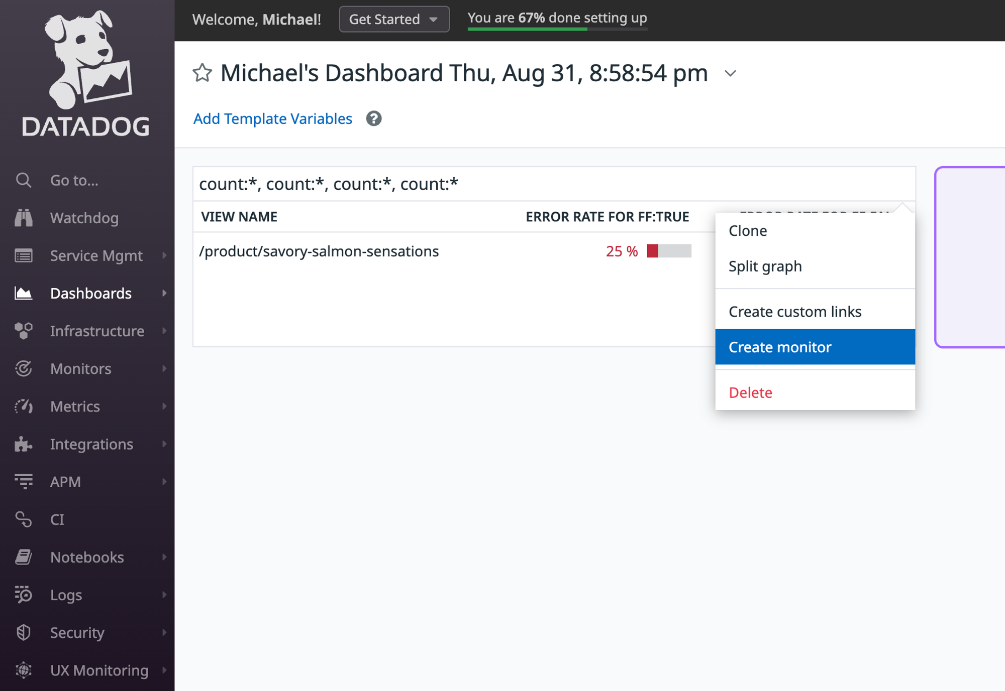 Screenshot showing the &quot;Create Monitor&quot; option in a DataDog dashboard