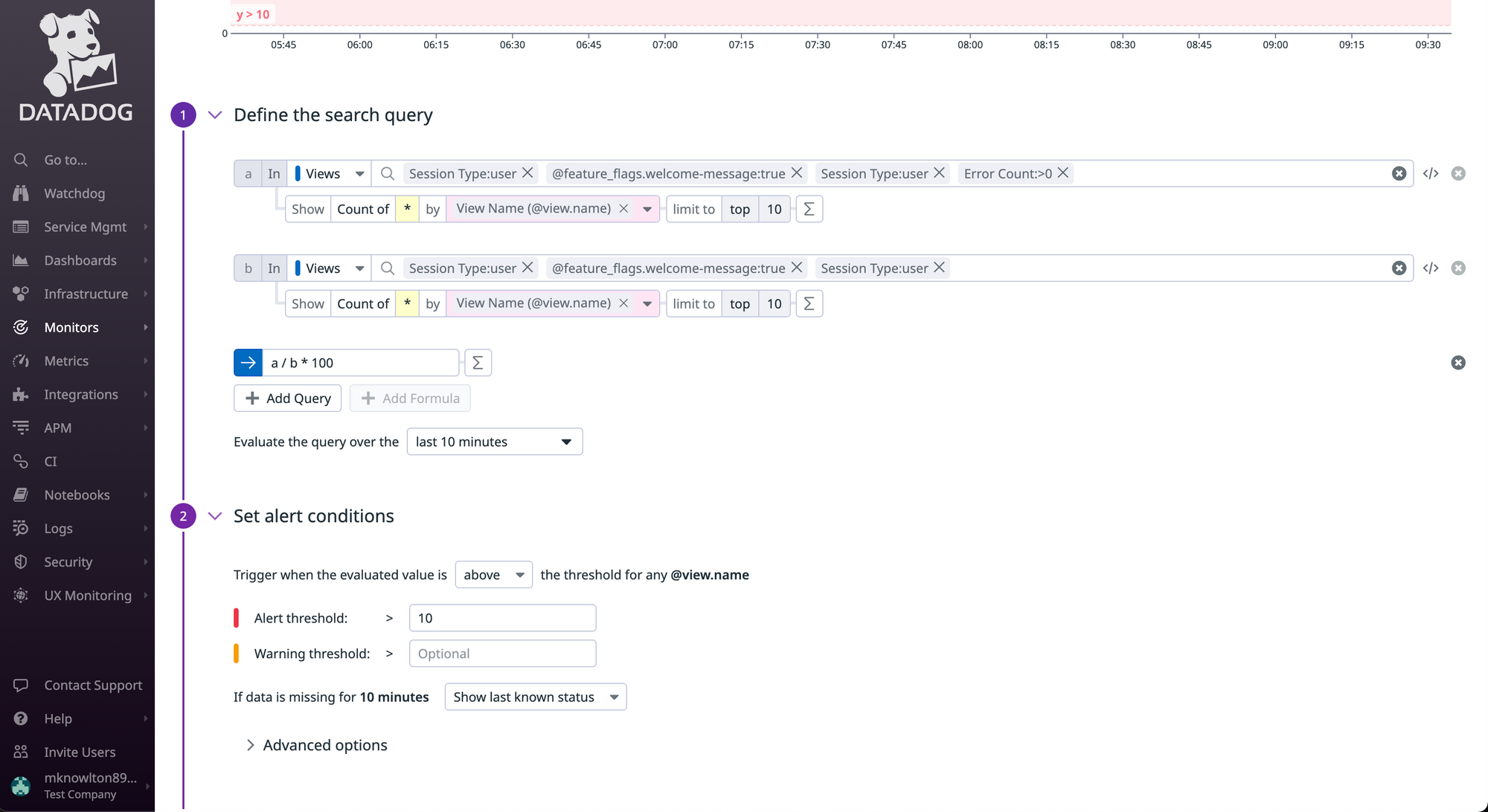 Screenshot customizing a monitor query in DataDog