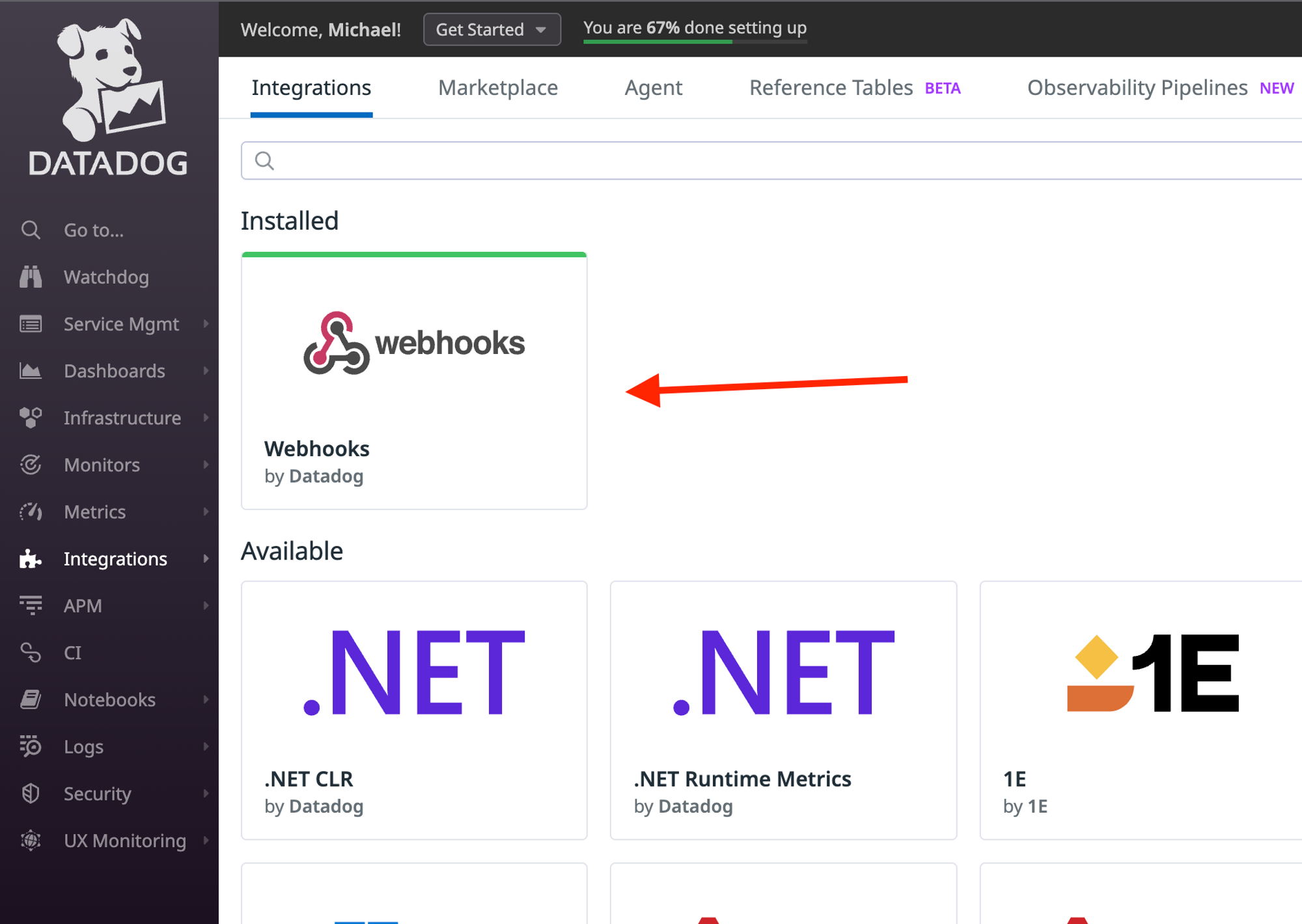 Screenshot showing a DataDog tile integration to create a webhook