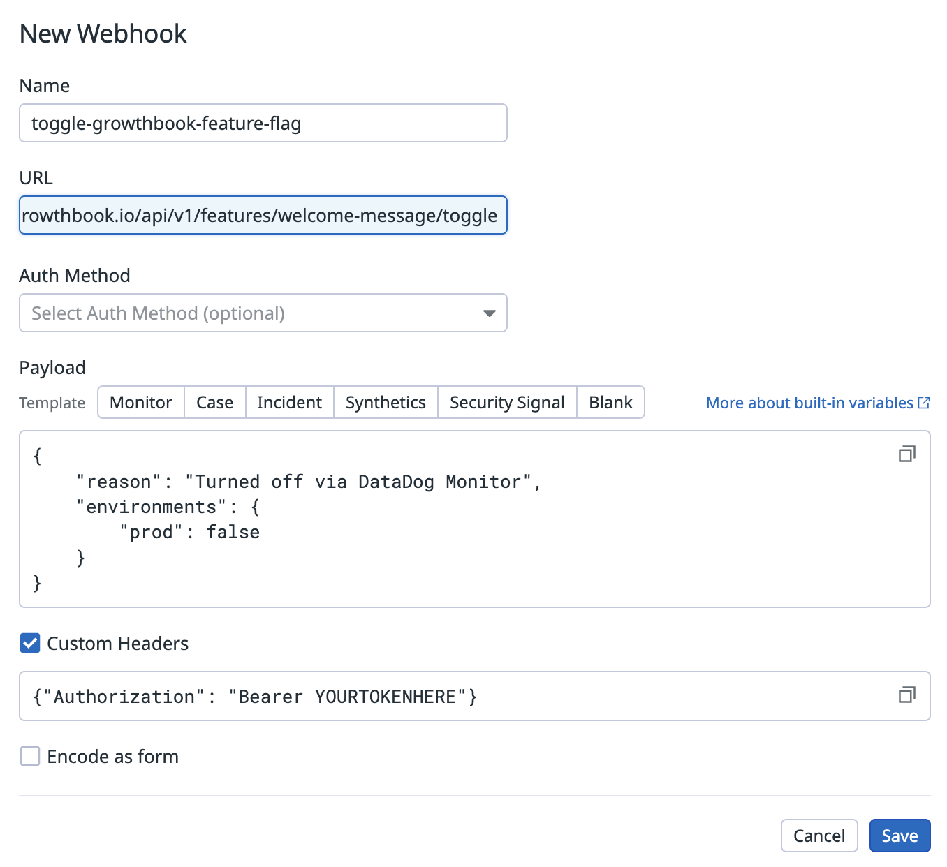 Screenshot customizing a webhook in DataDog to make a request to GrowthBook feature toggle endpoint