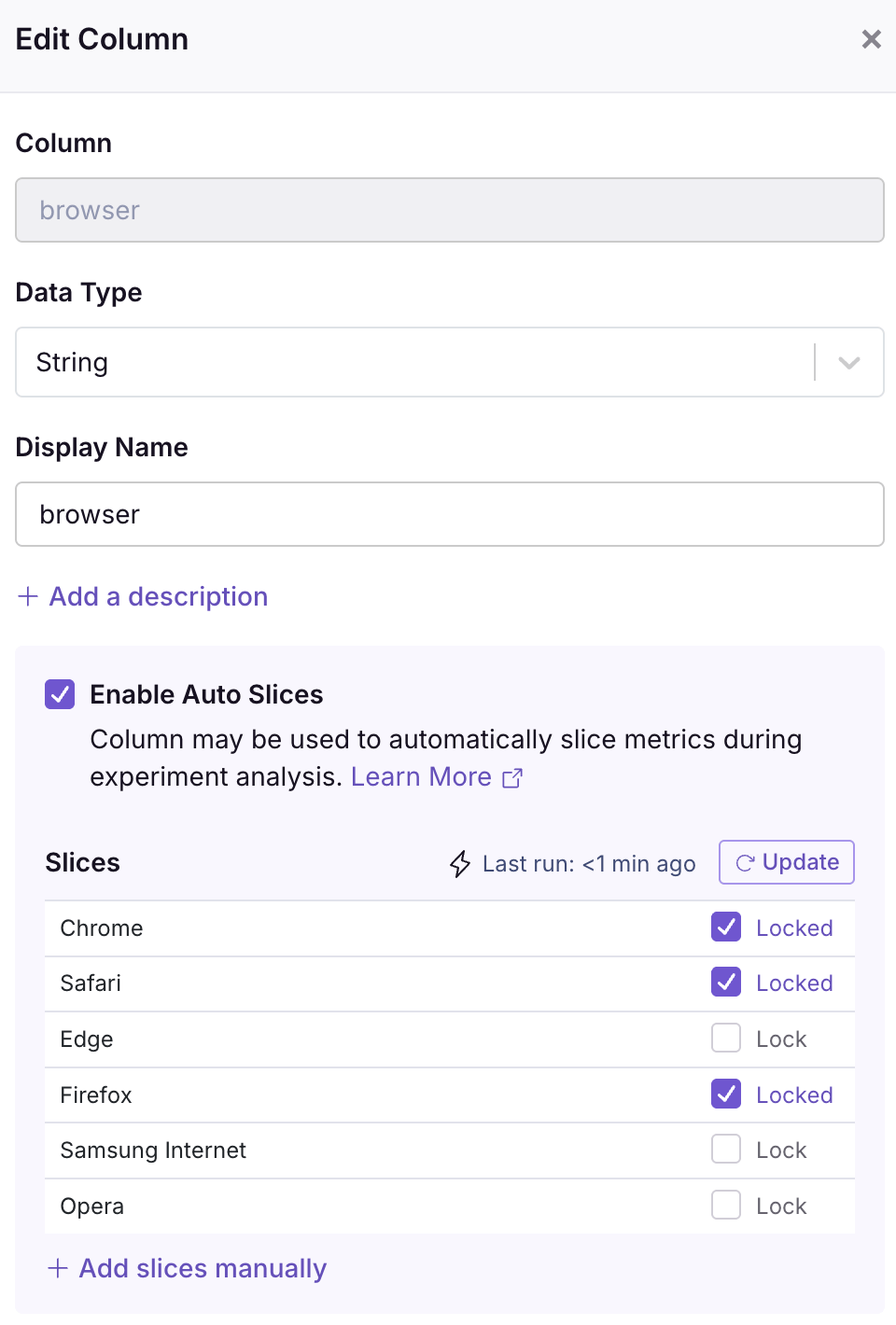 Column modal showing slice levels with Lock checkboxes