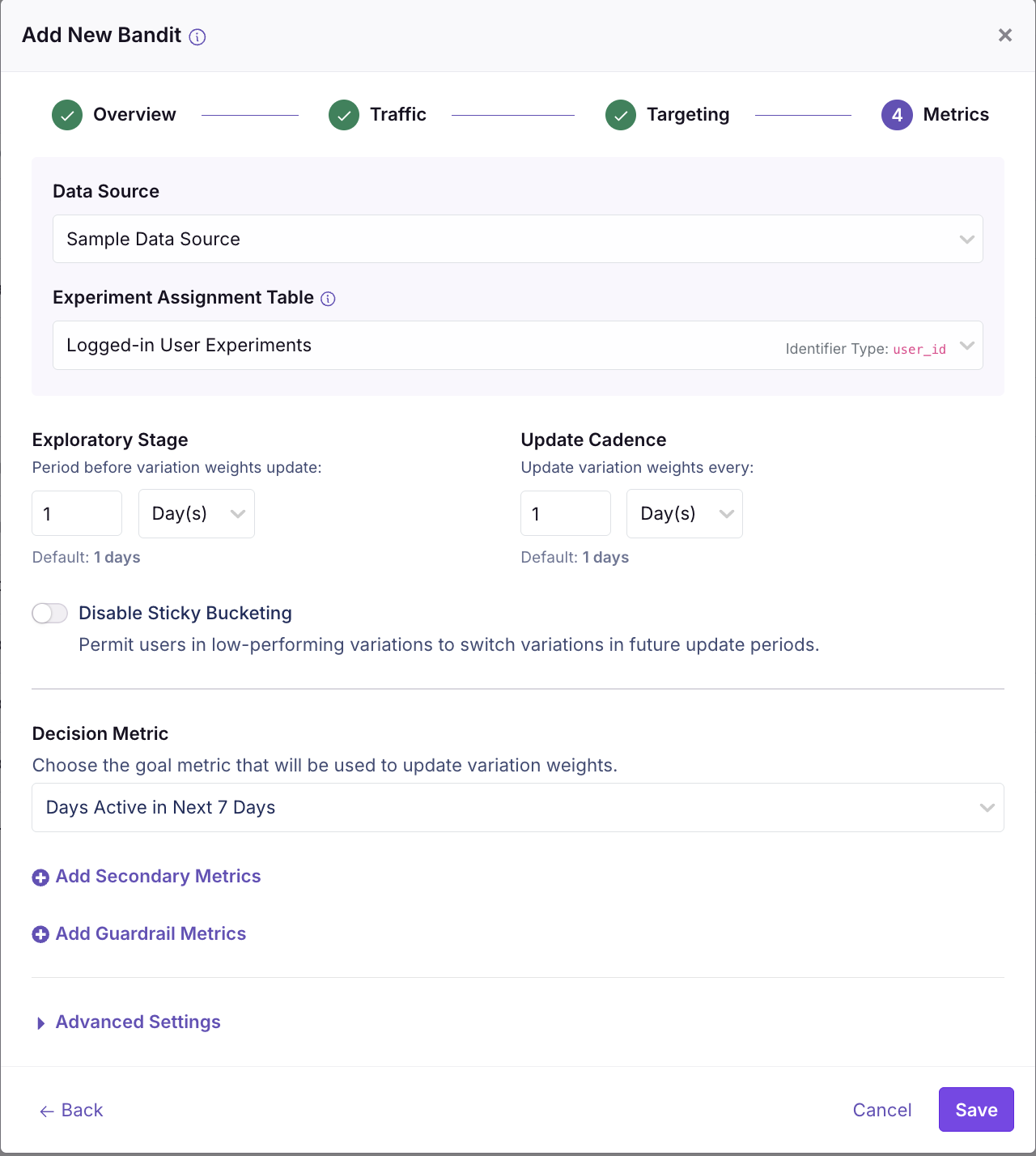 Configuring Bandit Decision Metric and Exploration Window