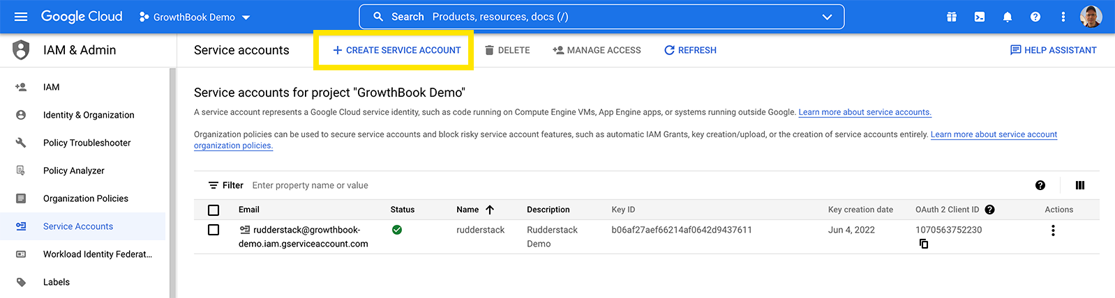 Create service account button in BigQuery