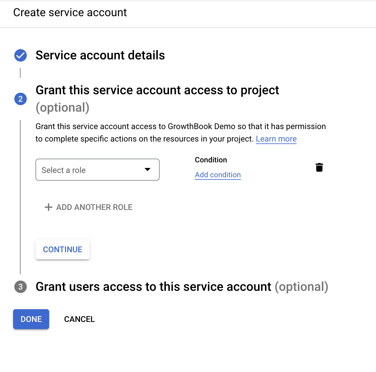 Grant roles for service account in BigQuery