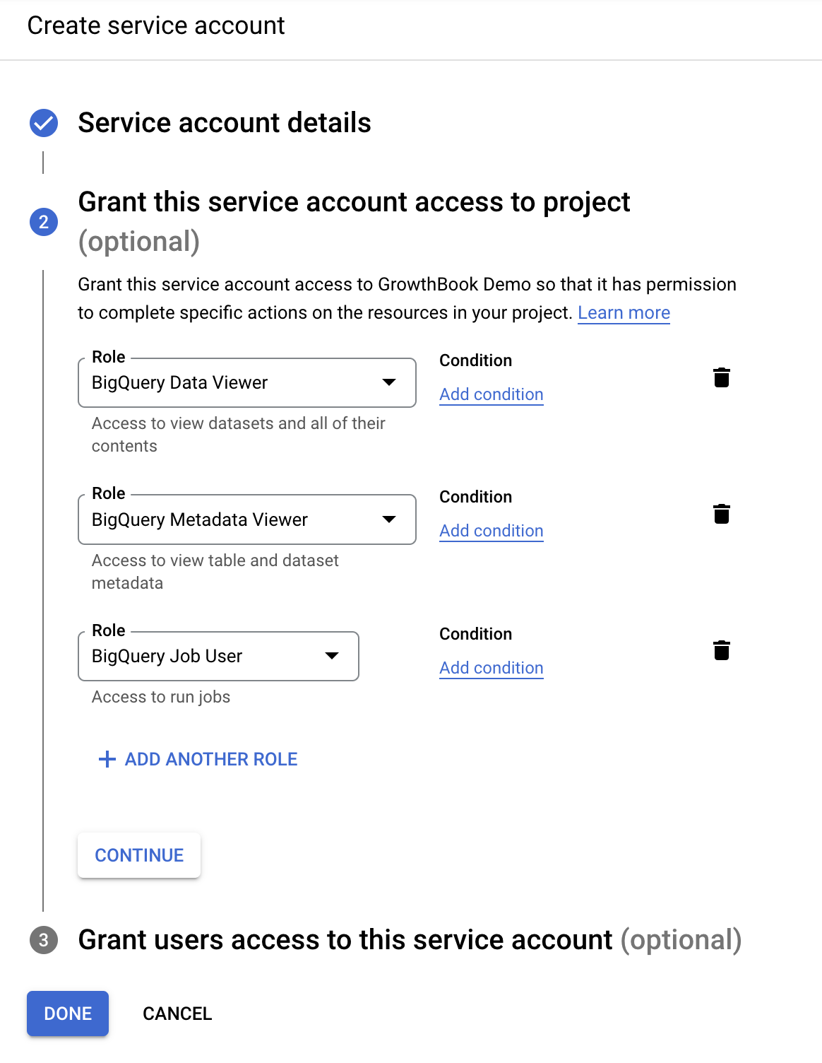 Additional roles granted for service account