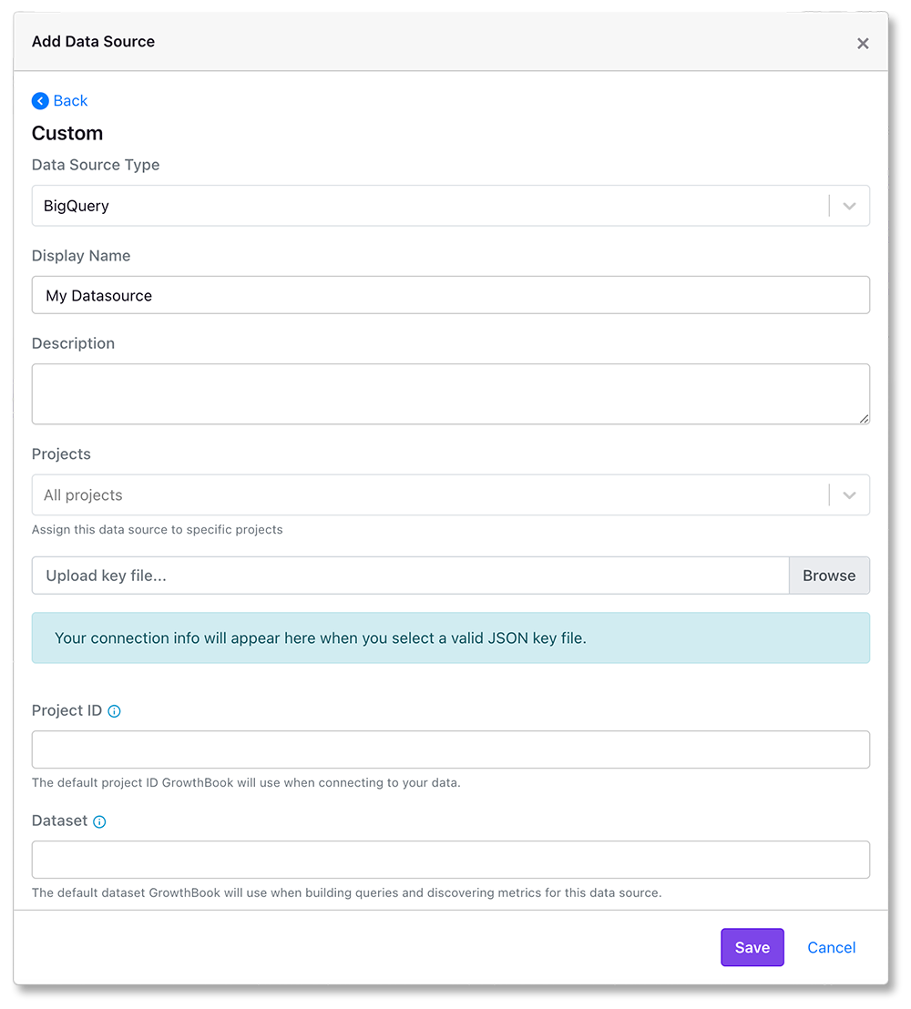 Selecting BigQuery as the data source type.