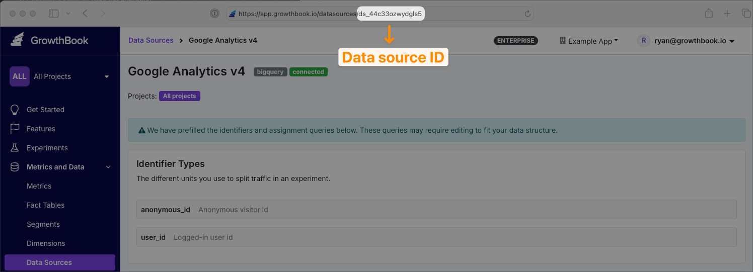 GrowthBook data source ID location