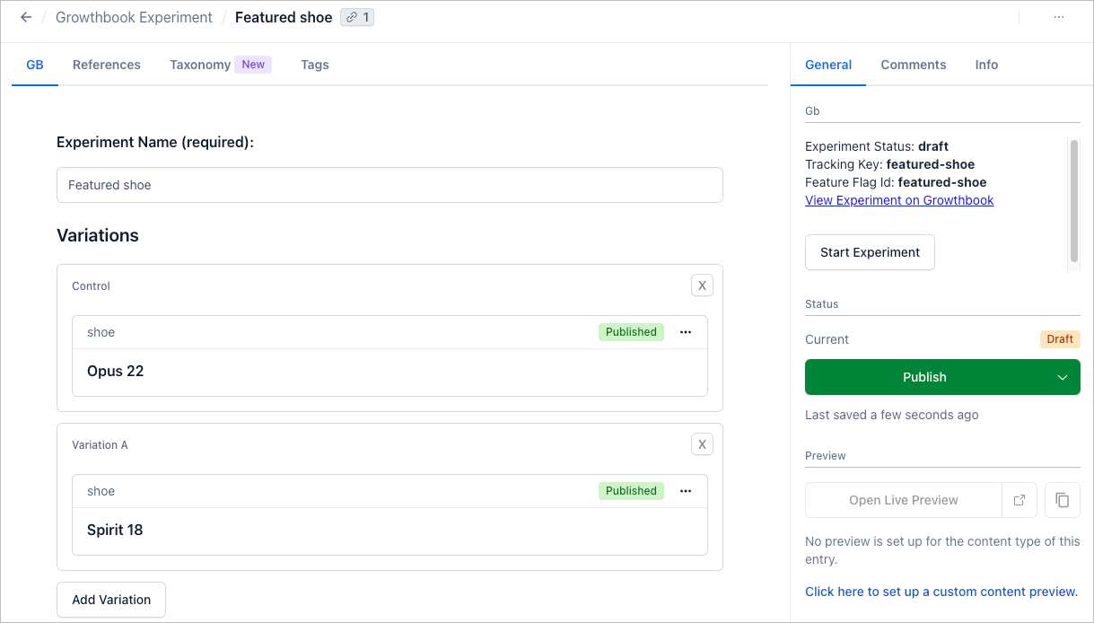 Contentful entry with GrowthBook experiment variations