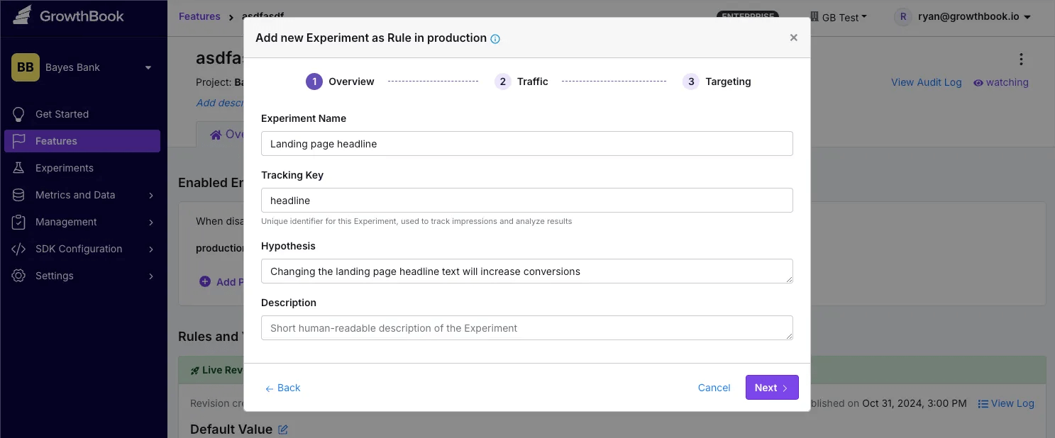 GrowthBook A/B test configuration