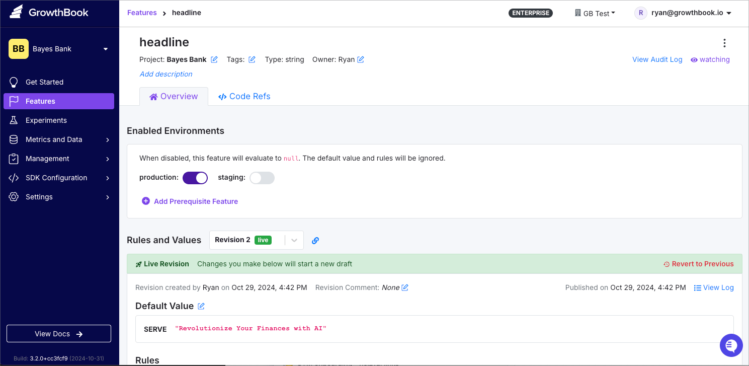 GrowthBook feature flag configuration