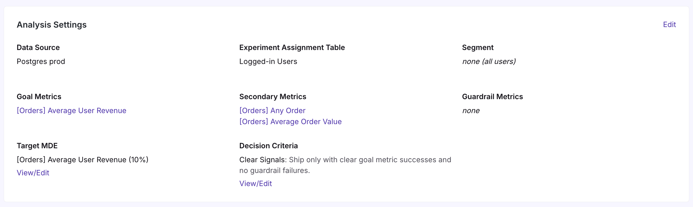 Experiment Decision Framework Settings