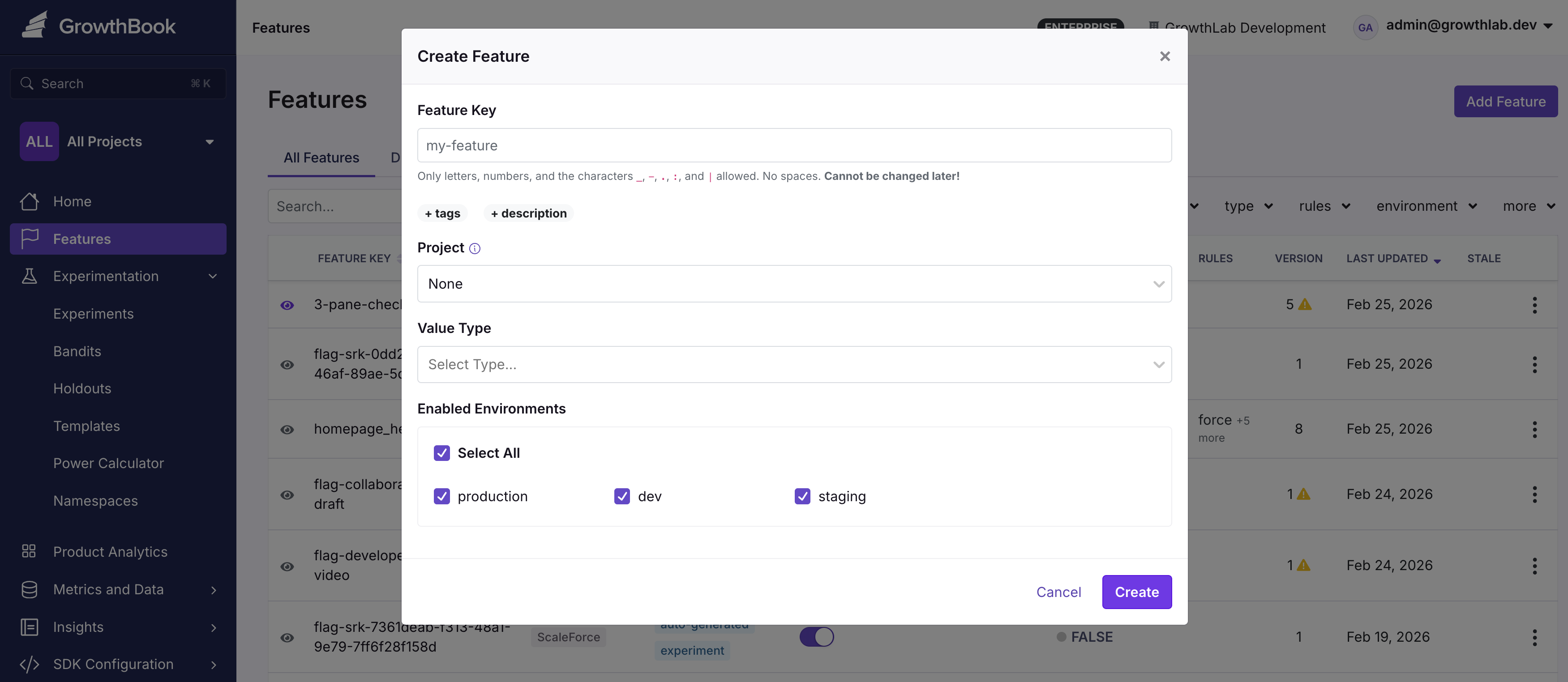 Create Feature modal in GrowthBook