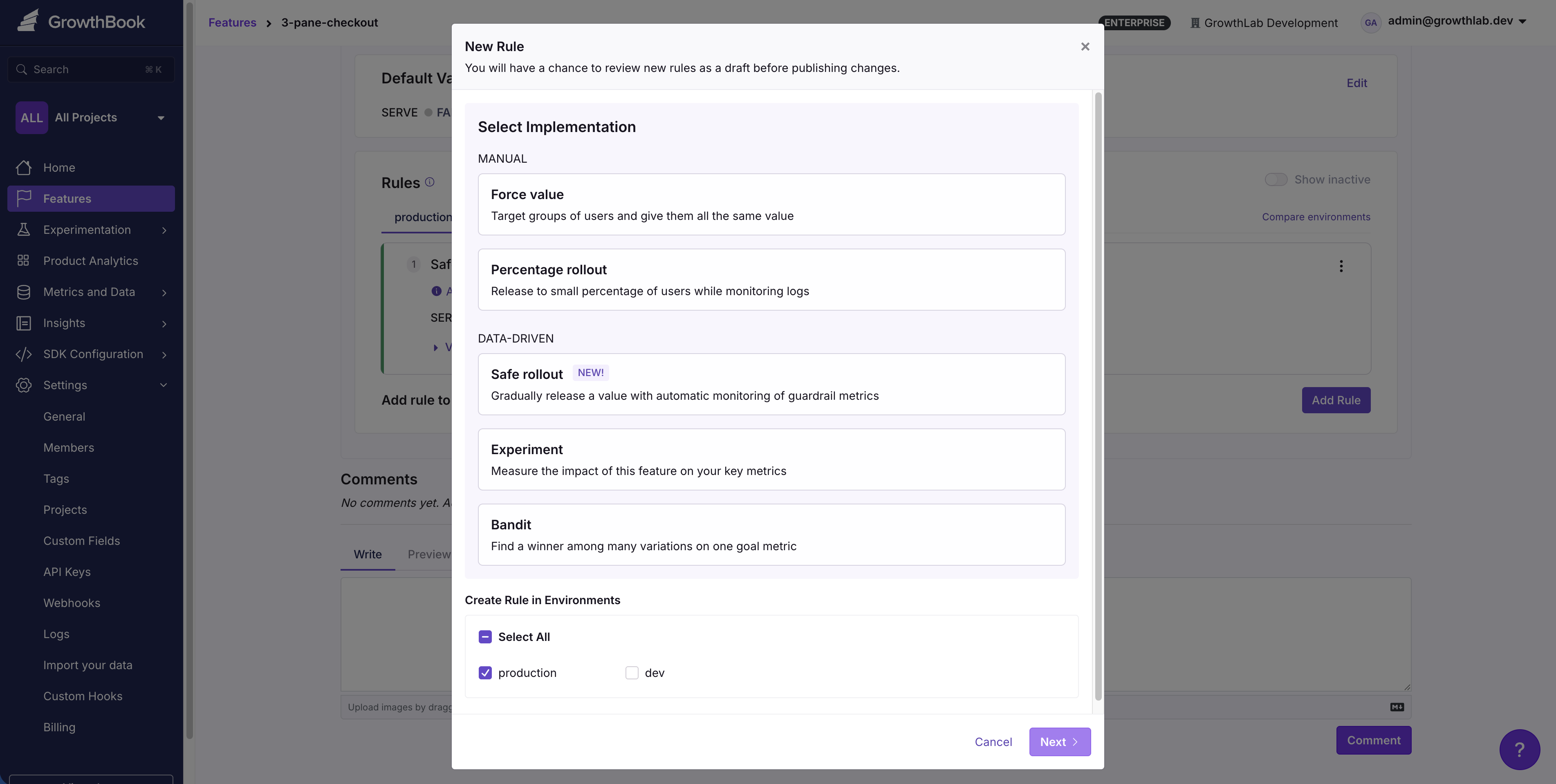 Feature rules interface