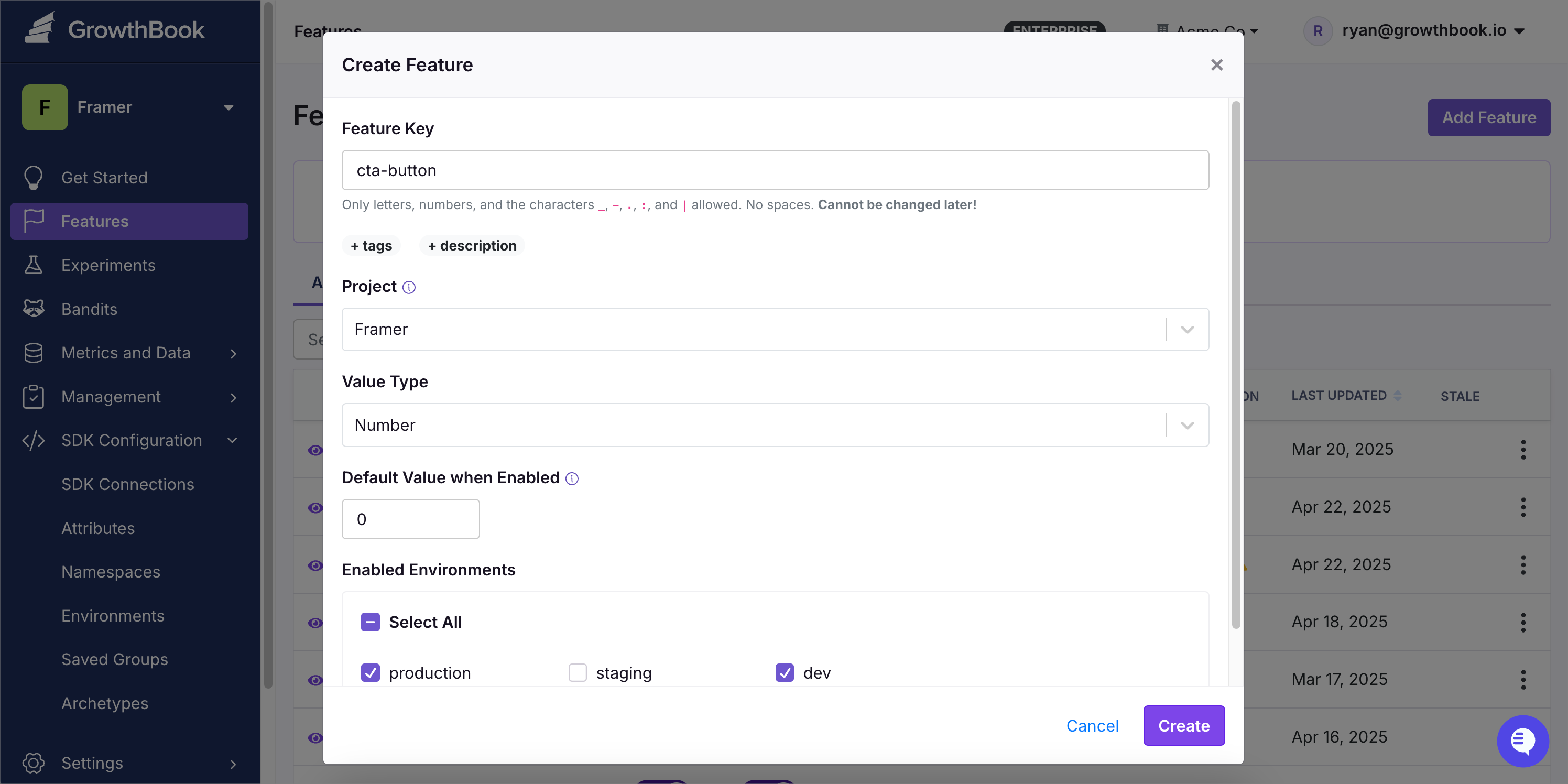 Feature creation page