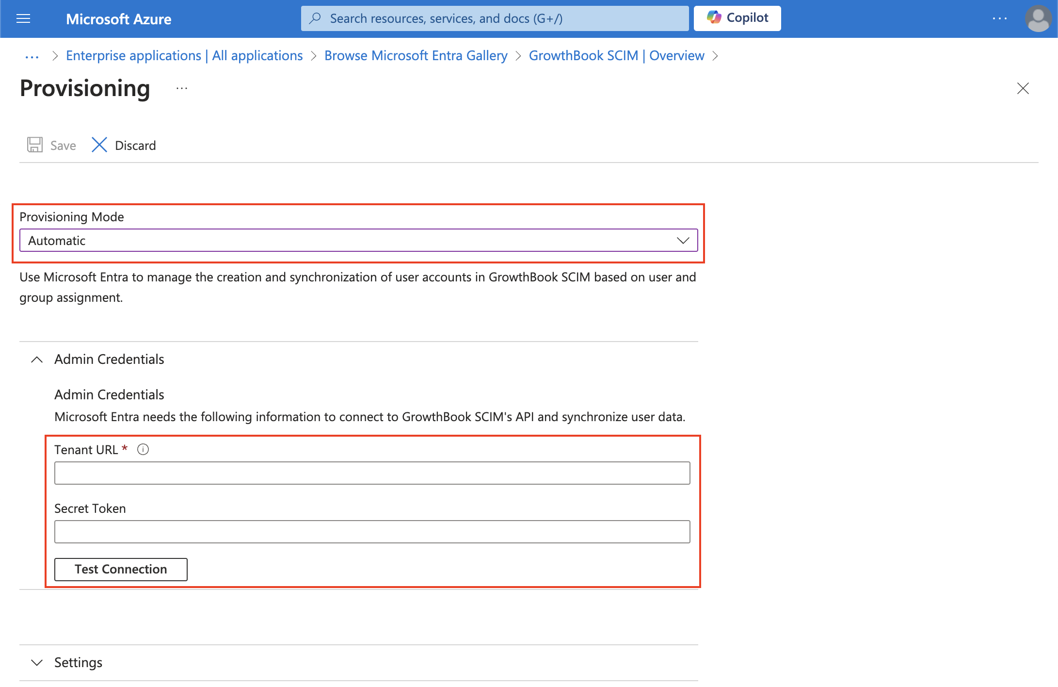 Microsoft Azure web app on the provisioning mode page