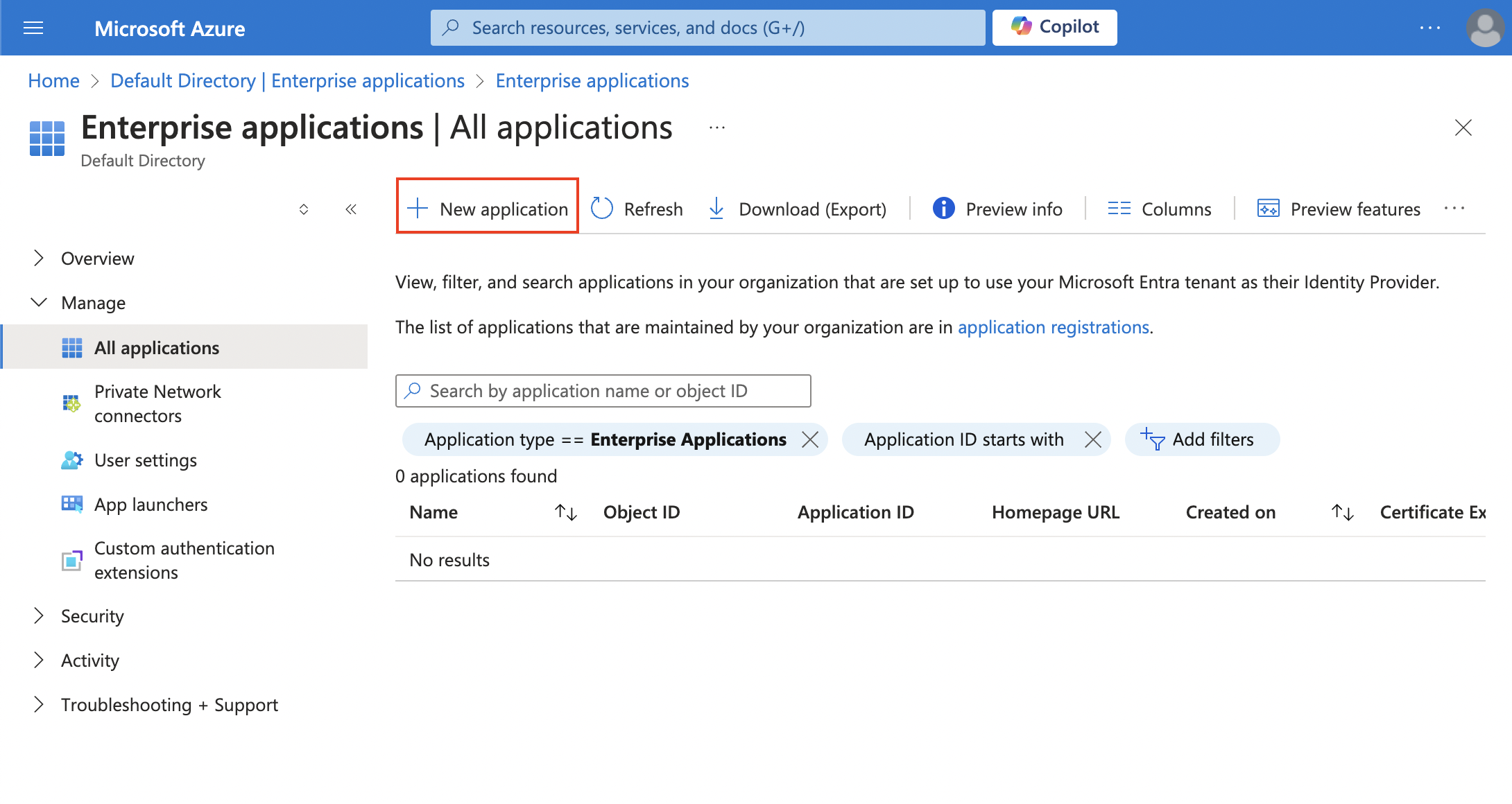 Microsoft Azure dashboard, showing the Manage/Applications page