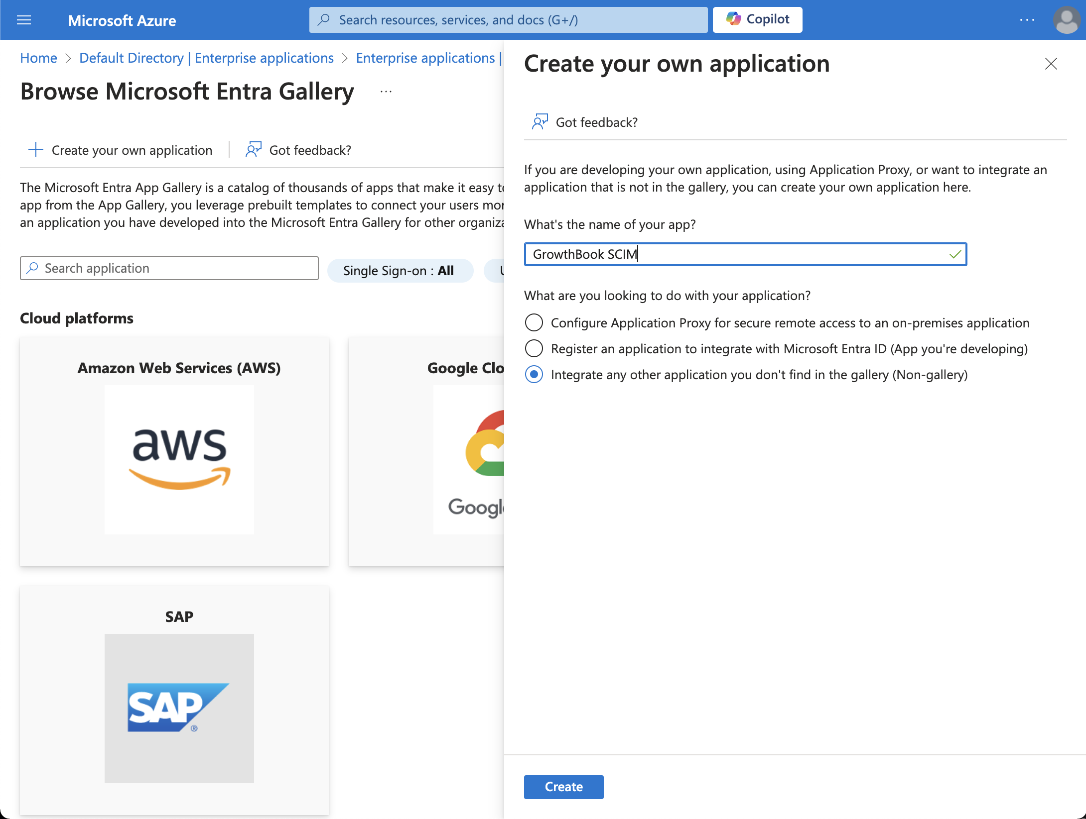 A text input on the create your own application form in Microsoft Azure