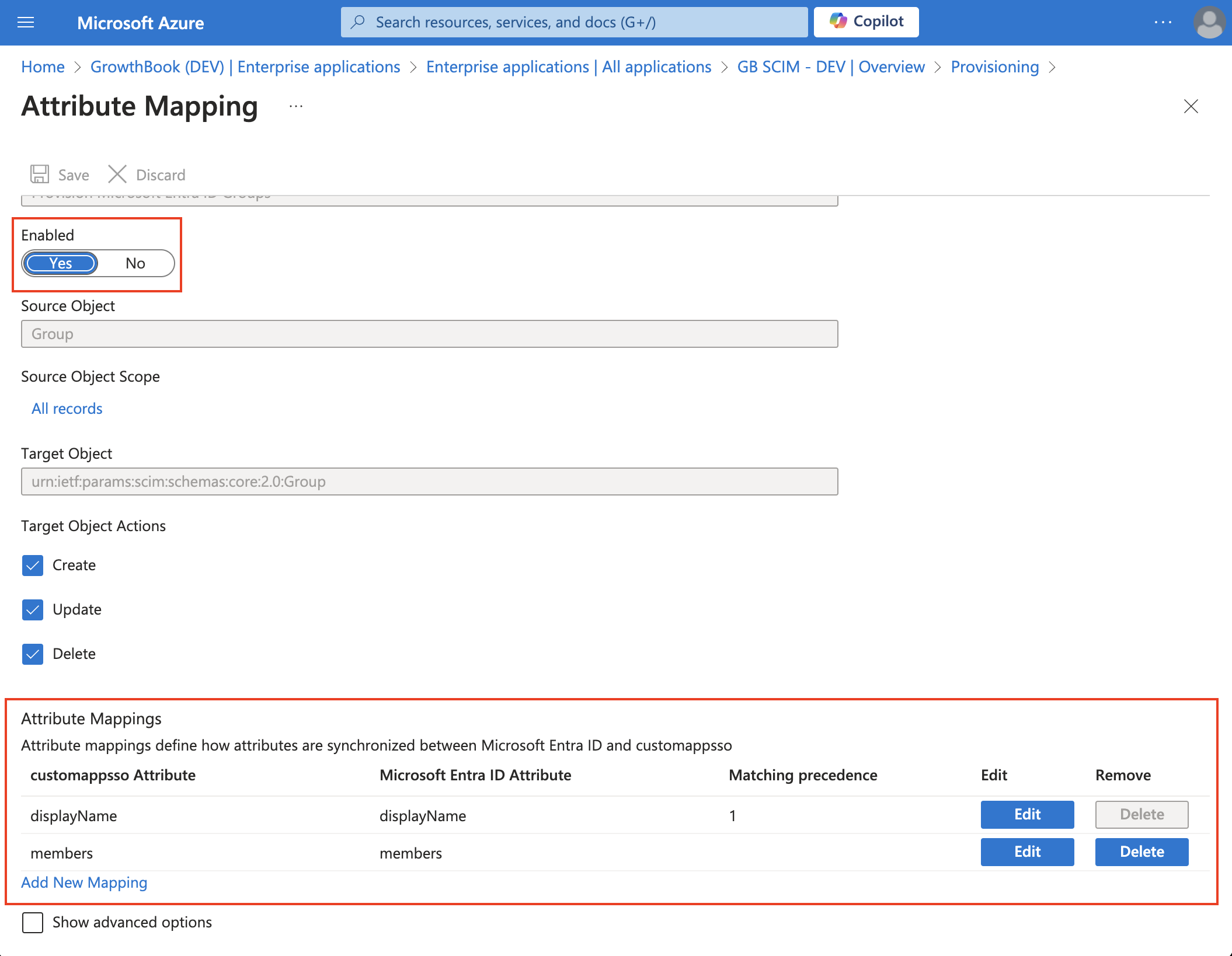 Microsoft Azure web app on the attribute mappings page, extended