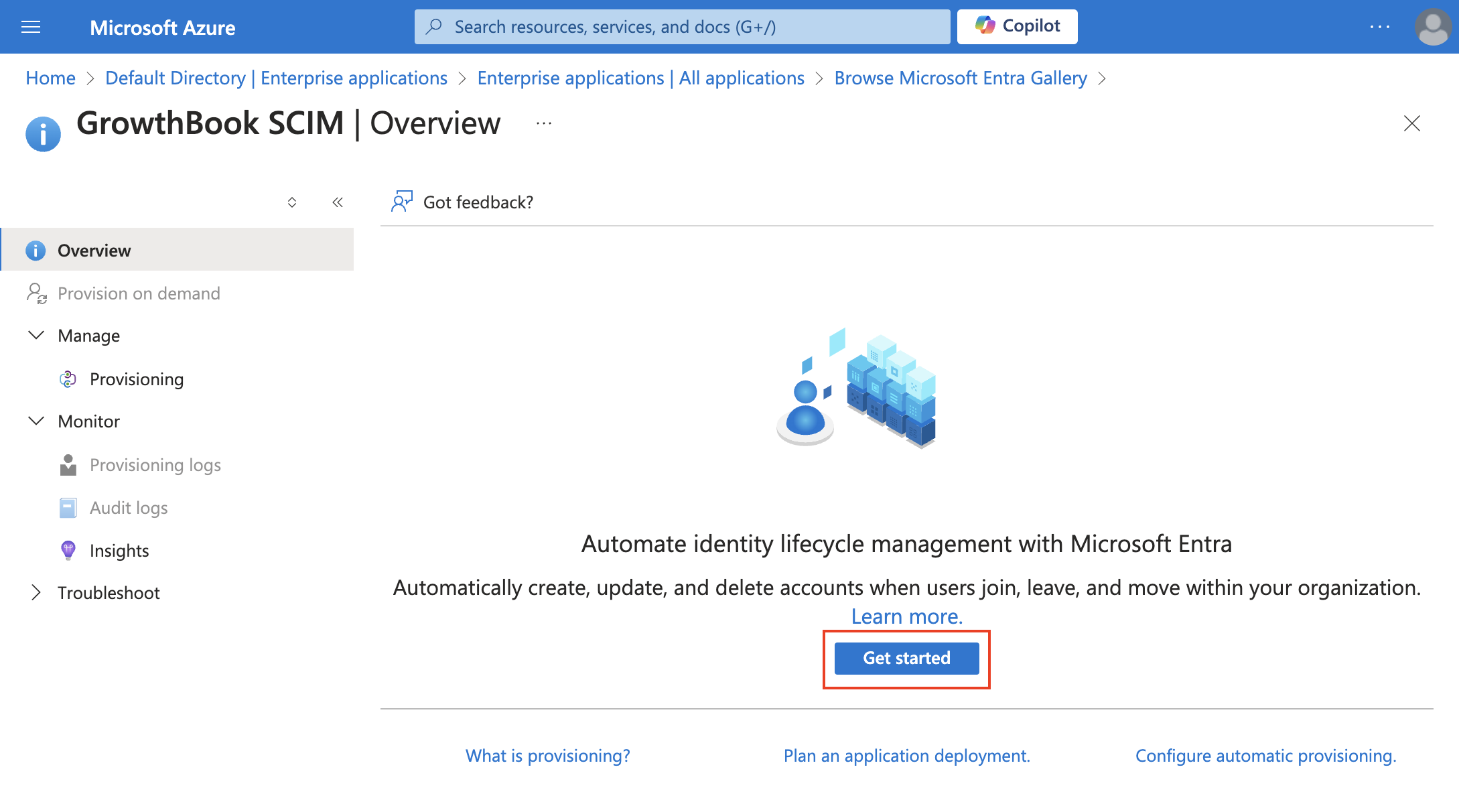 Microsoft Azure web app with the lifecycle management page