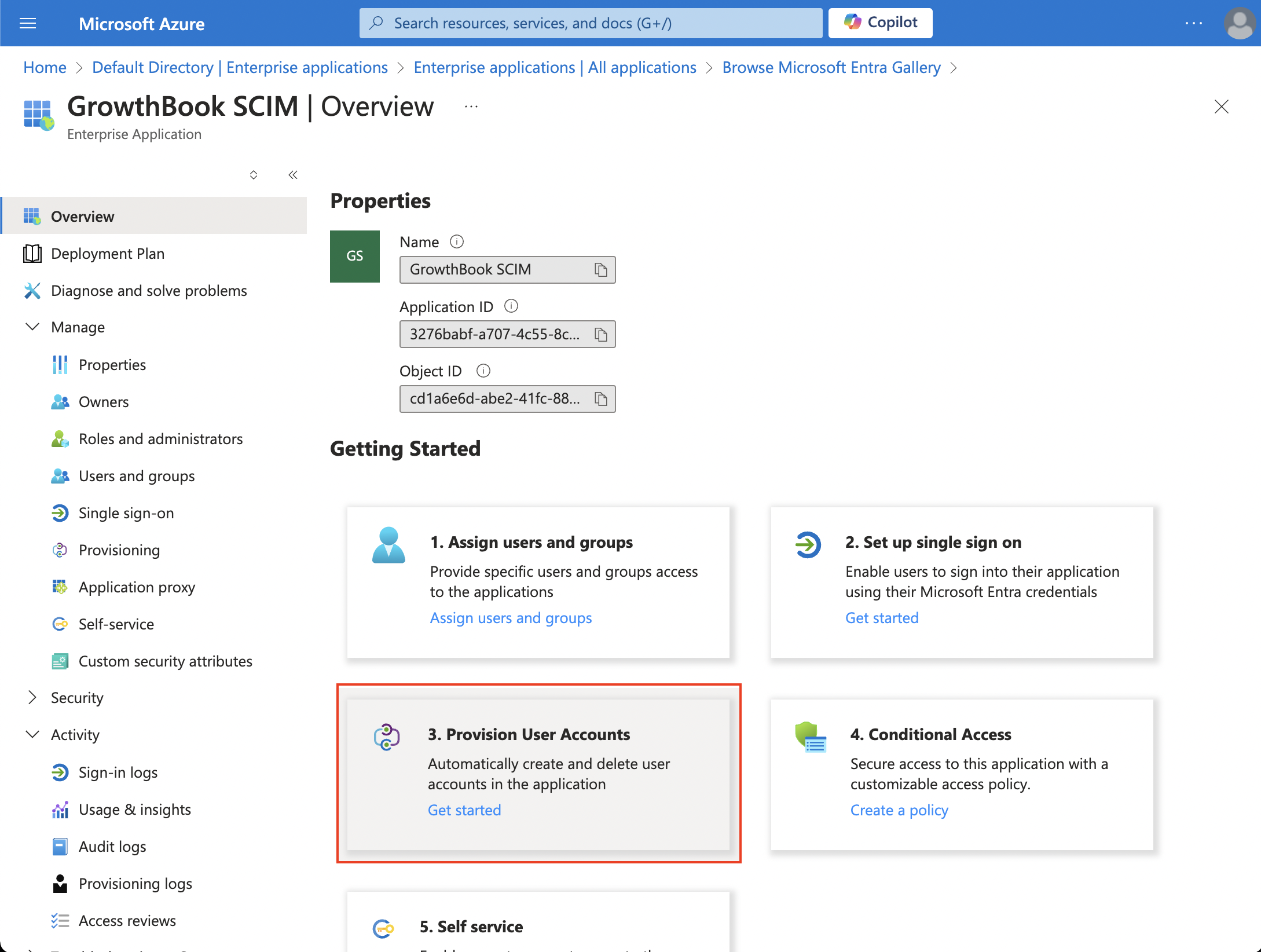 Microsoft Azure web app showing a Getting Started page with the Provisioning User Accounts option highlighted