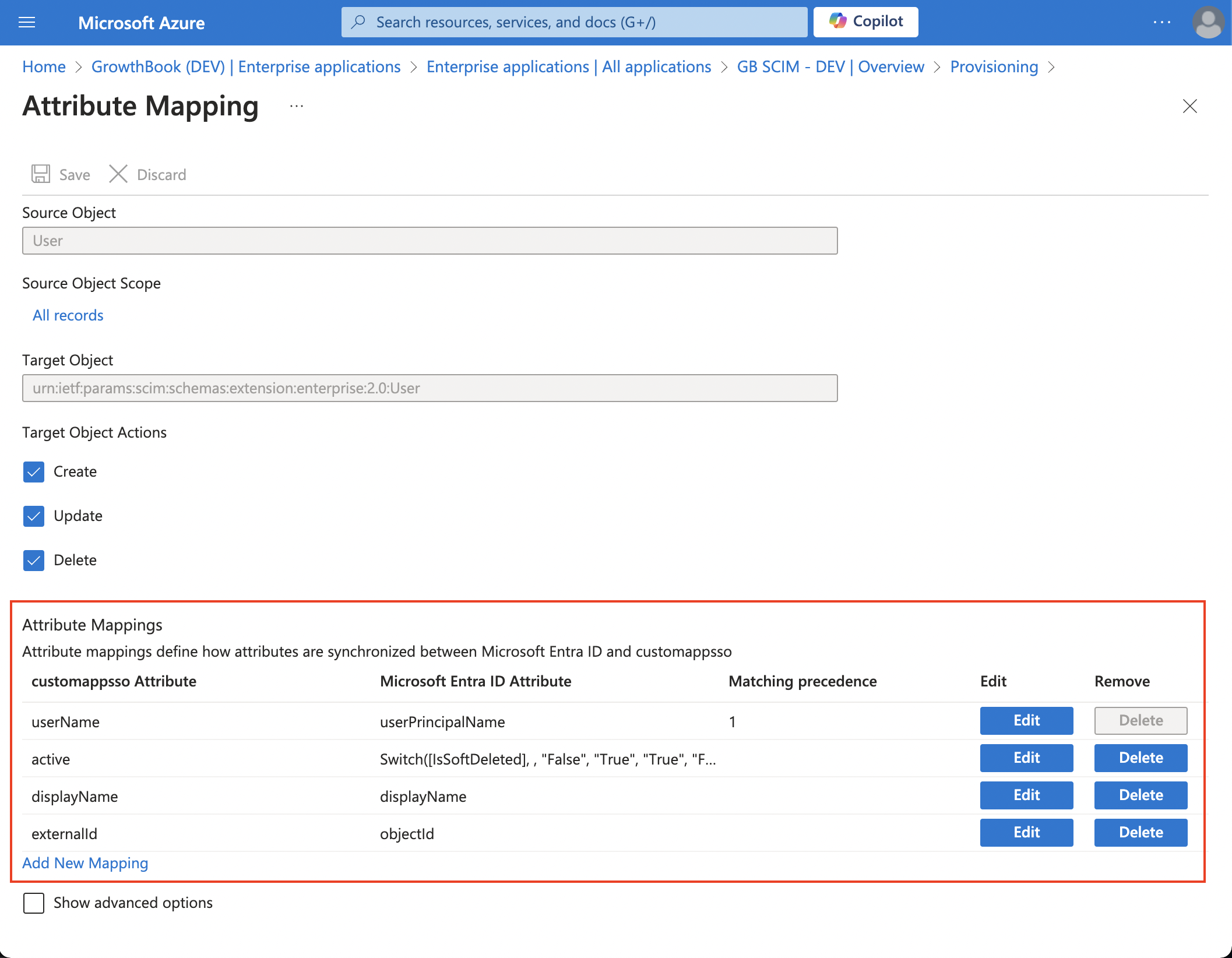 Microsoft Azure web app on the attribute mappings page