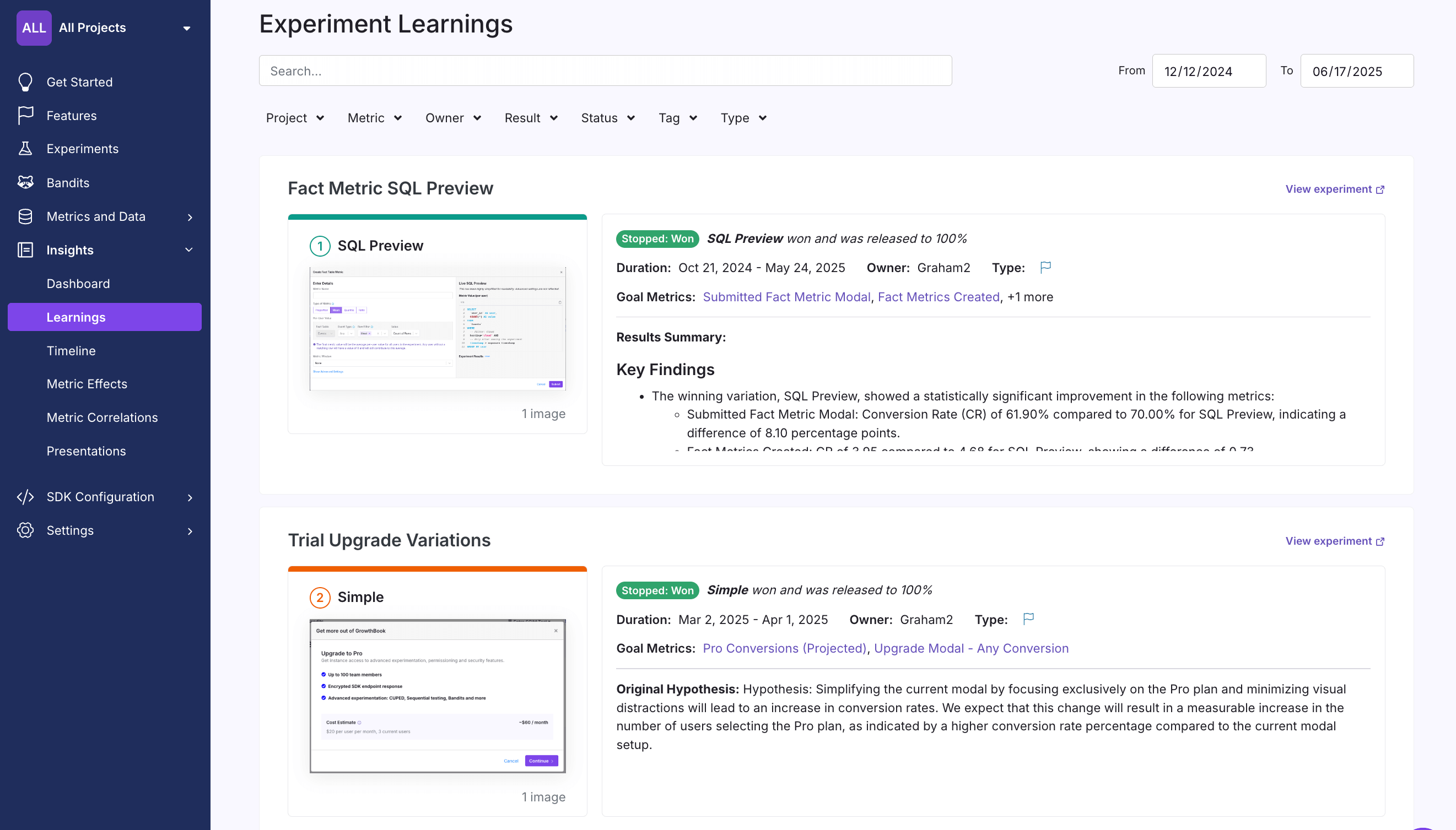 Experiment Learnings