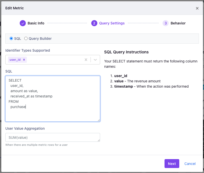 Edit metrics modal