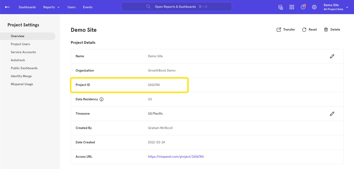 Get the Mixpanel project ID