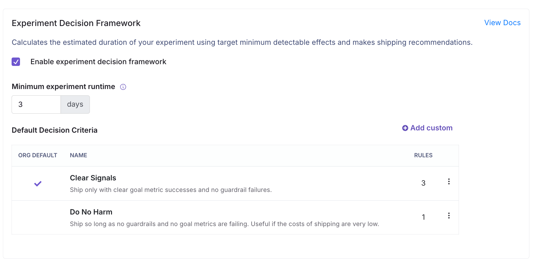 Experiment Decision Framework Organization Settings