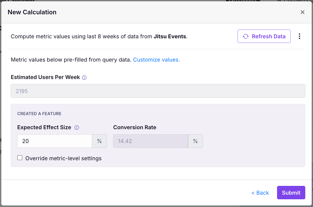 Selecting expected effect sizes and reviewing the power query results.