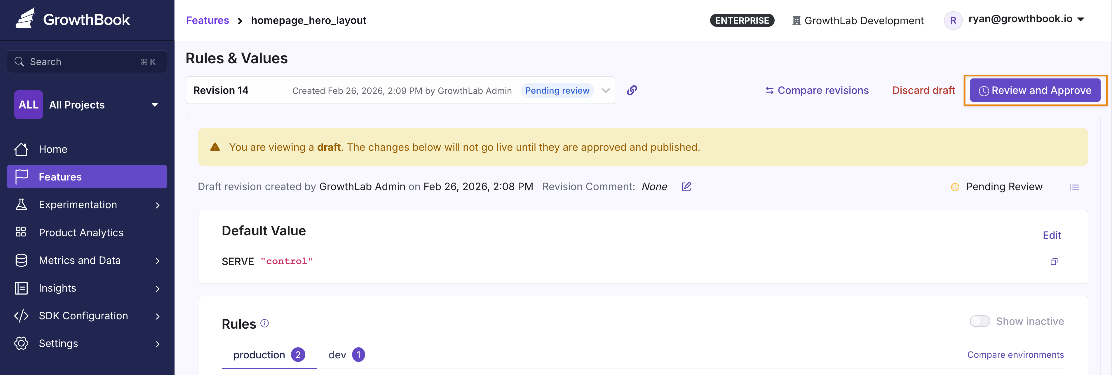 Review and Approve button on a feature