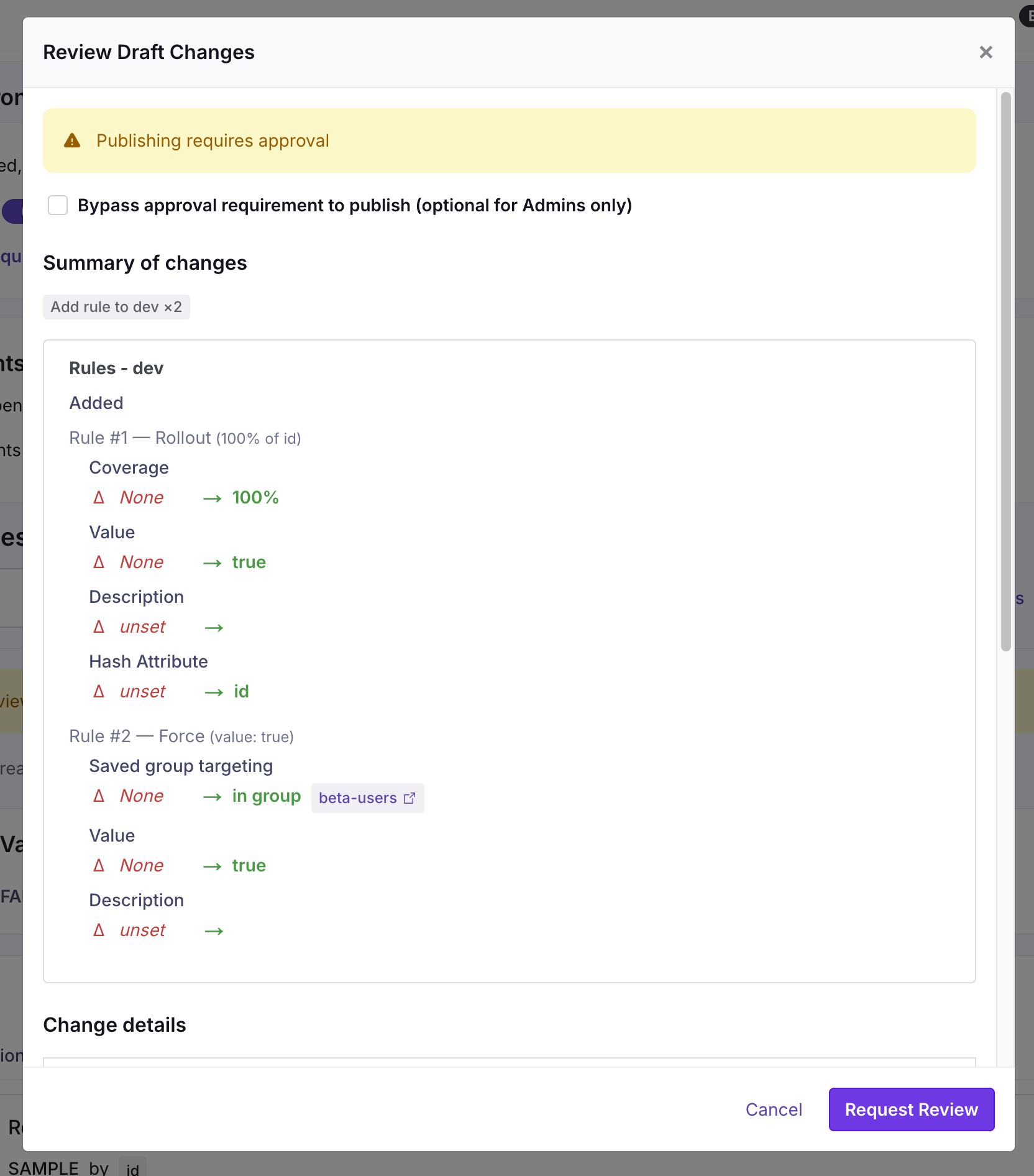 Diff view showing changes between published and draft versions