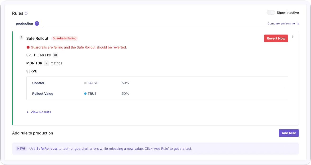 Feature rule card showing a Safe Rollout with a Guardrails Failing badge and a Revert Now button