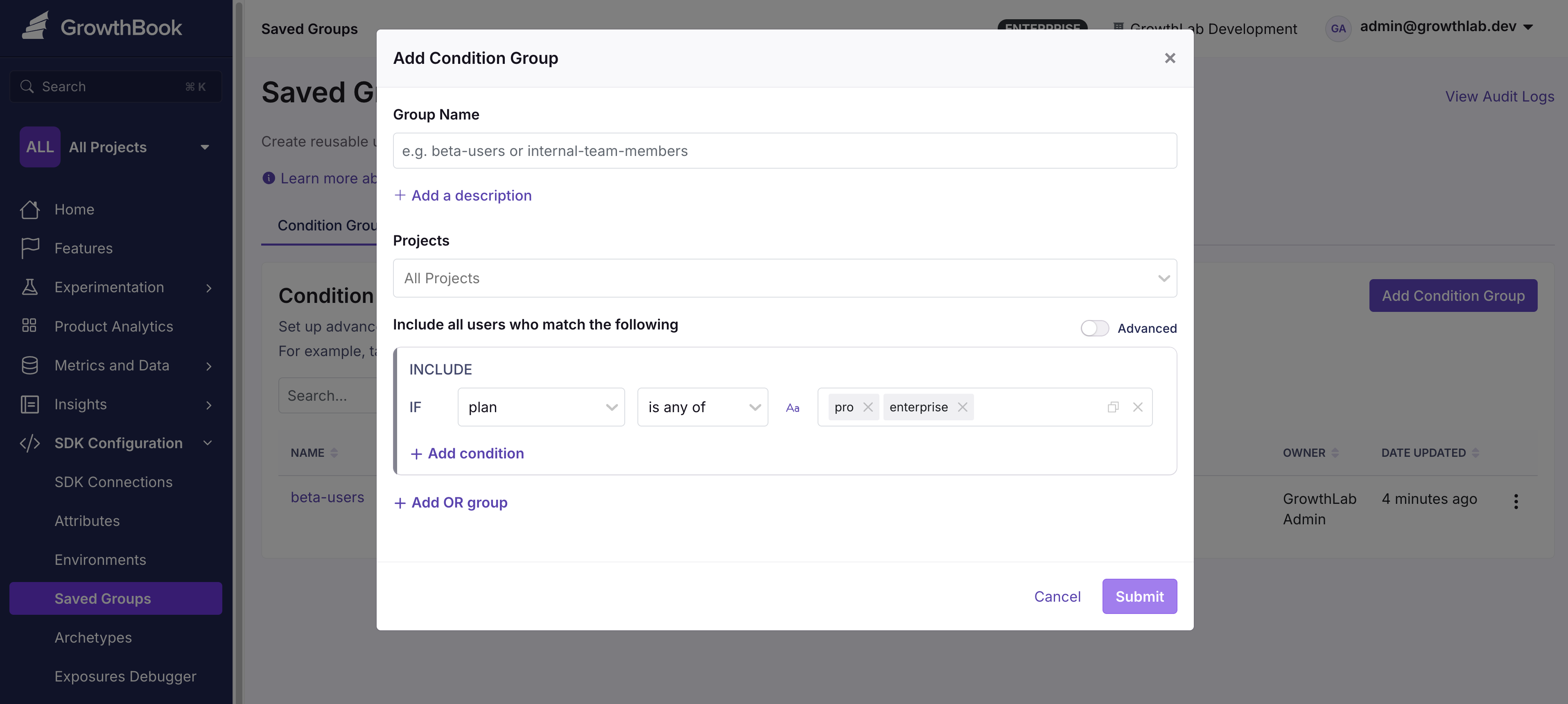 Saved groups condition, showing how to add a US user on a mobile device