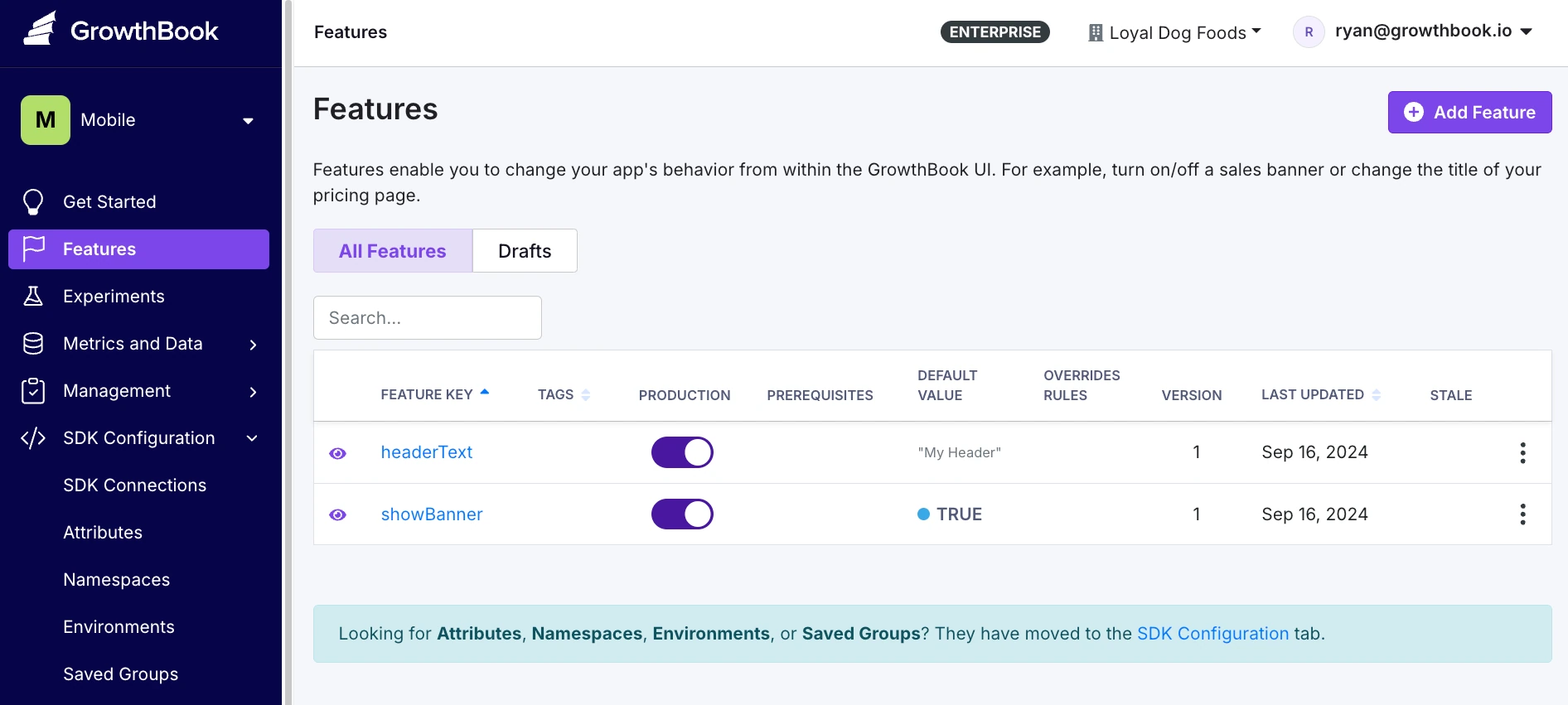 Feature flags configured in GrowthBook