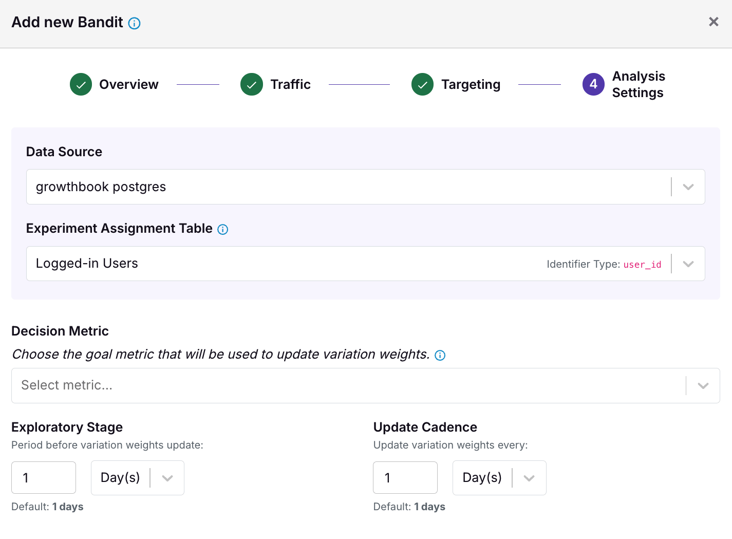 Configuring Bandit Decision Metric and Exploration Window