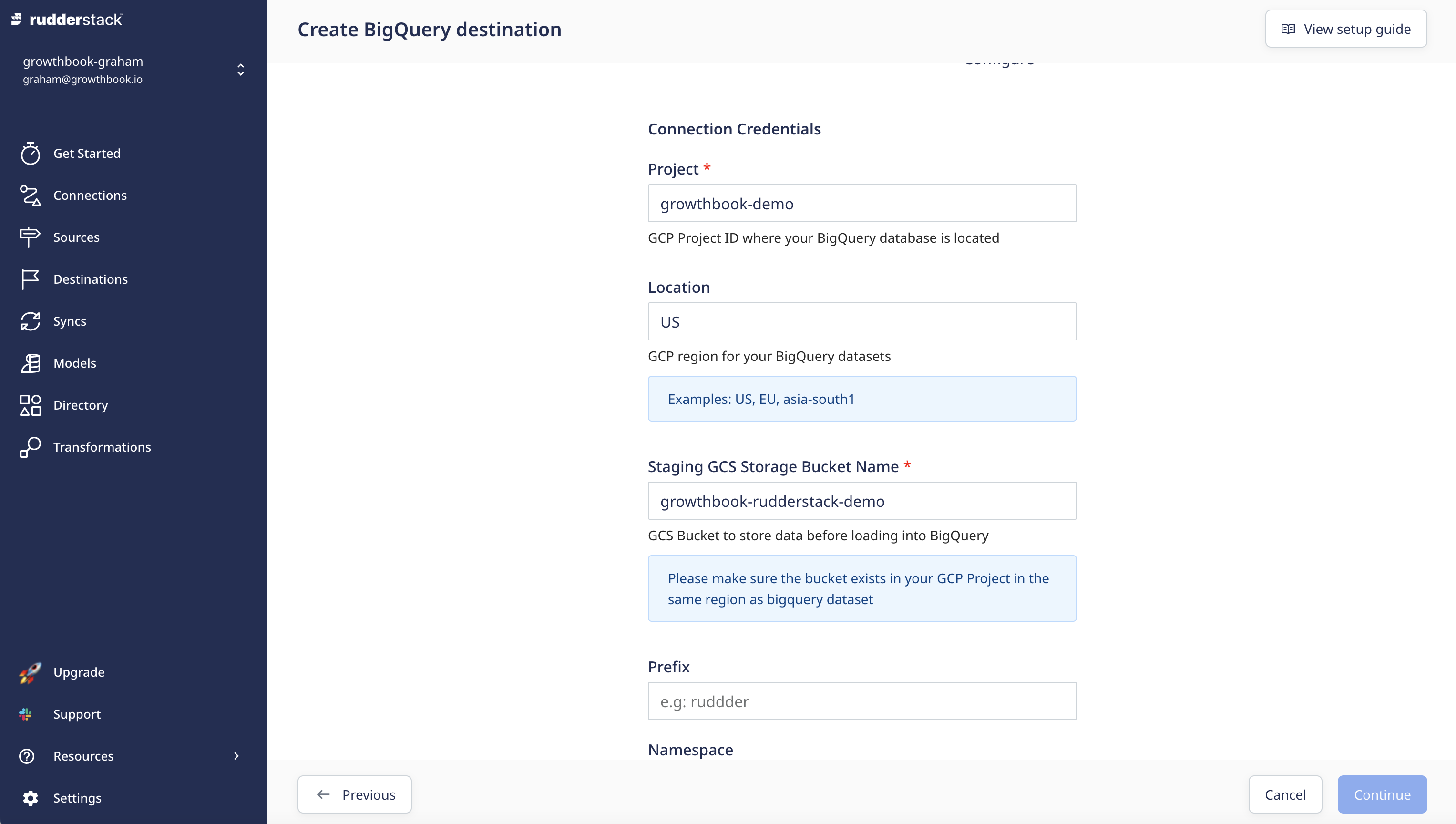 Add the BigQuery account information