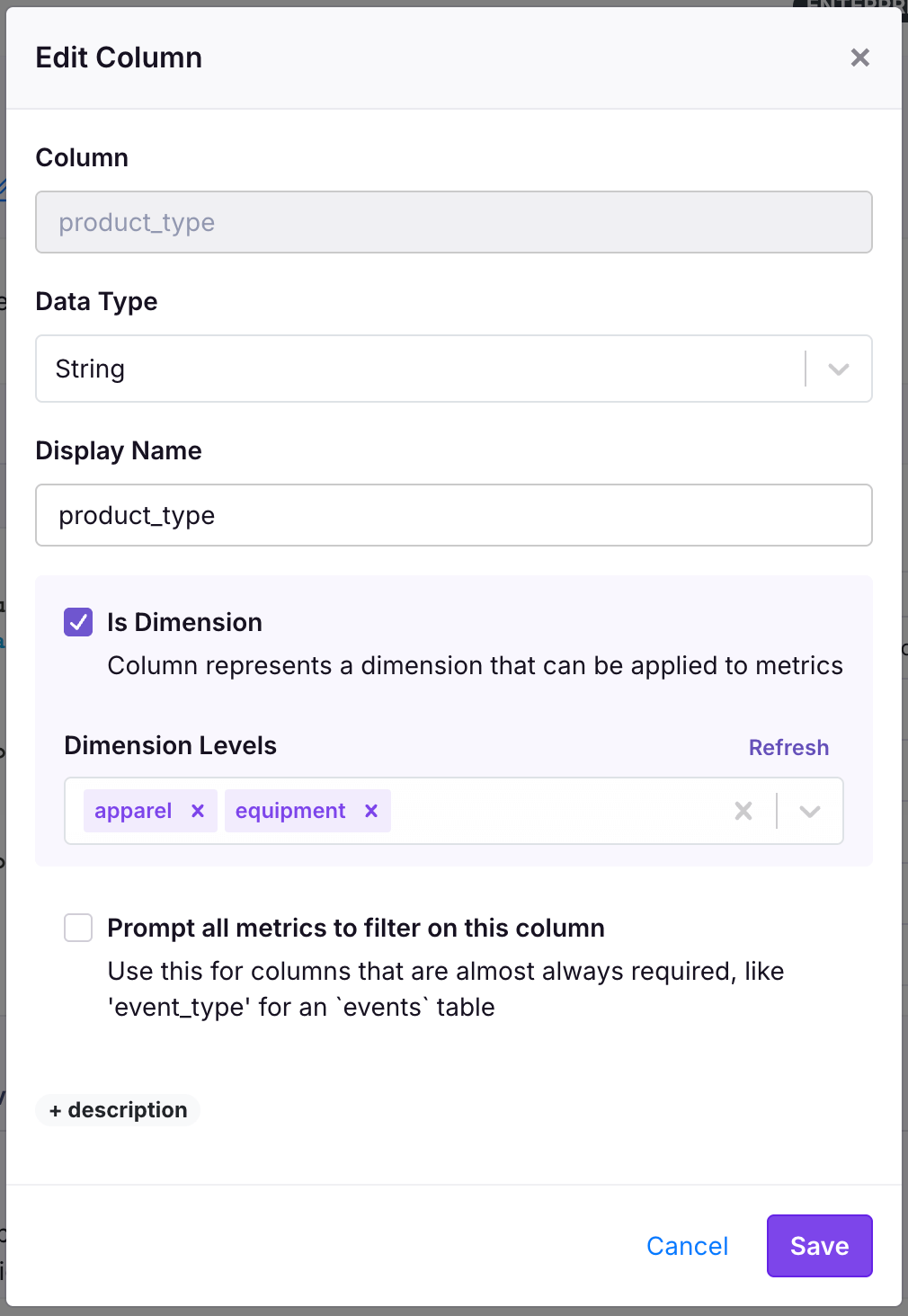 Configuring dimension levels